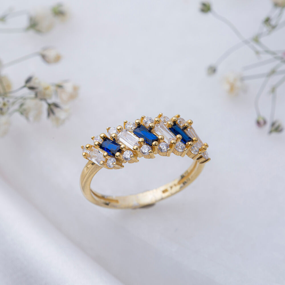 Sapphire Cubic Zircon Baguette Design Dainty Women Cluster Ring Handmade 925 Sterling Silver Jewelry