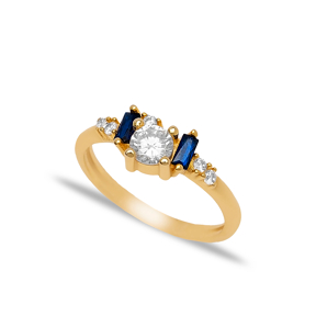 Sapphire CZ Stone Baguette Design Cluster Ring Turkish Handrafted 925 Sterling Silver Jewelry