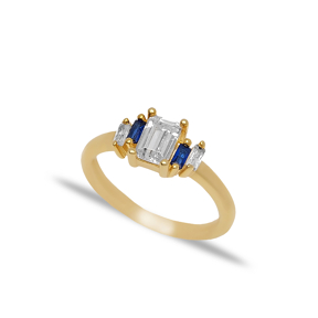 Sapphire CZ Baguette Design Women Cluster Ring Handmade Jewelry Turkish 925 Sterling Silver