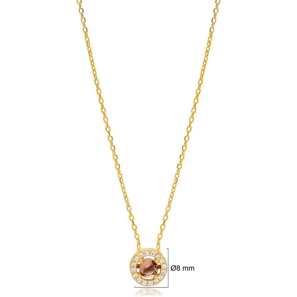 Shiny Round Design Cubic Zircon Brown Stone Charm Necklace Women Pandent Turkish 925 Sİlver Jewelry