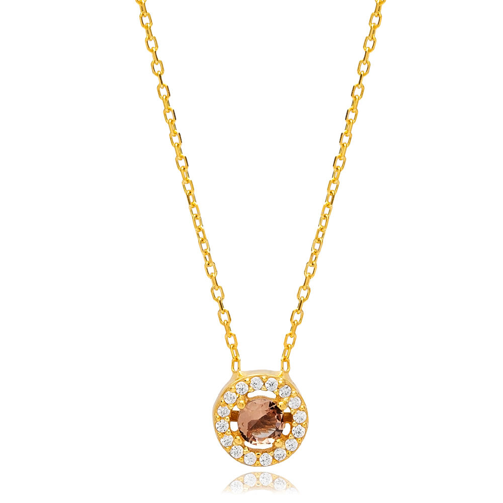 Shiny Round Design Cubic Zircon Brown Stone Charm Necklace Women Pandent Turkish 925 Sİlver Jewelry