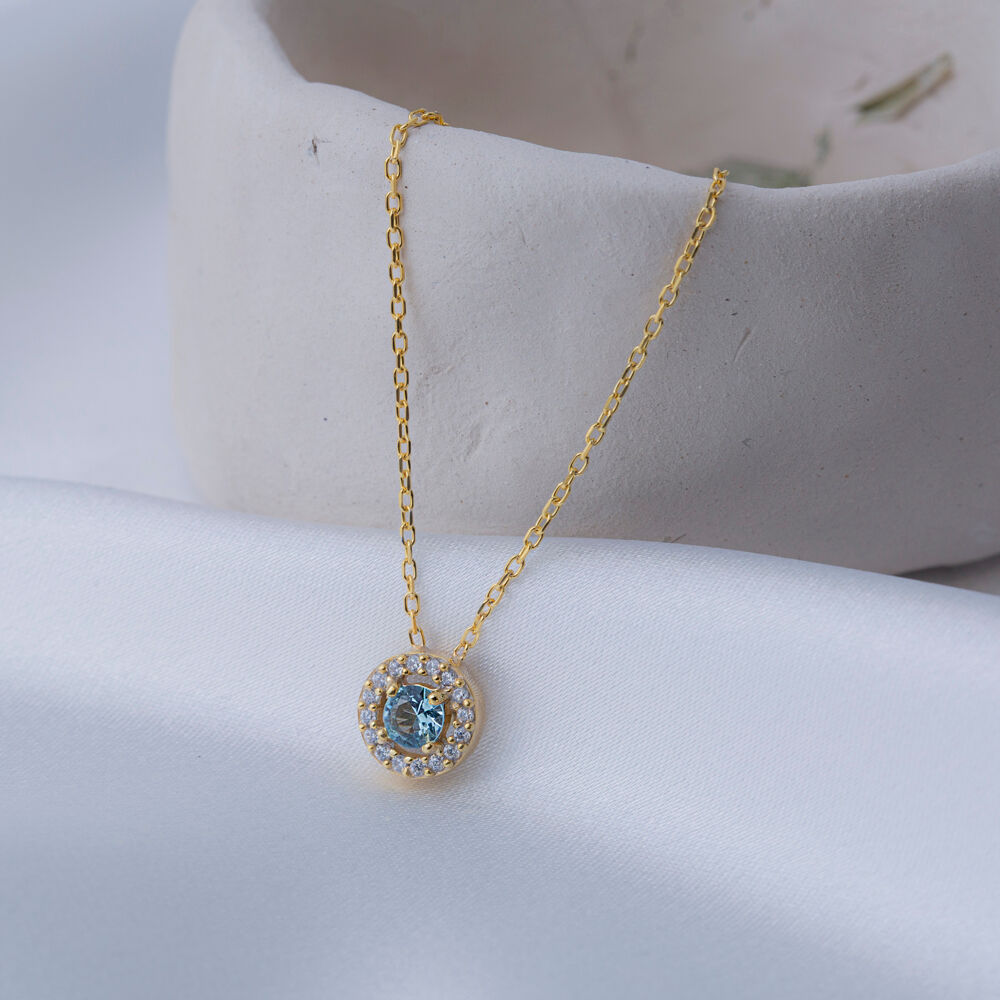 Aquamarine Cubic Zircon Stone Round Shape Handcrafted Necklace Turkish 925 Sterling Silver Jewelry
