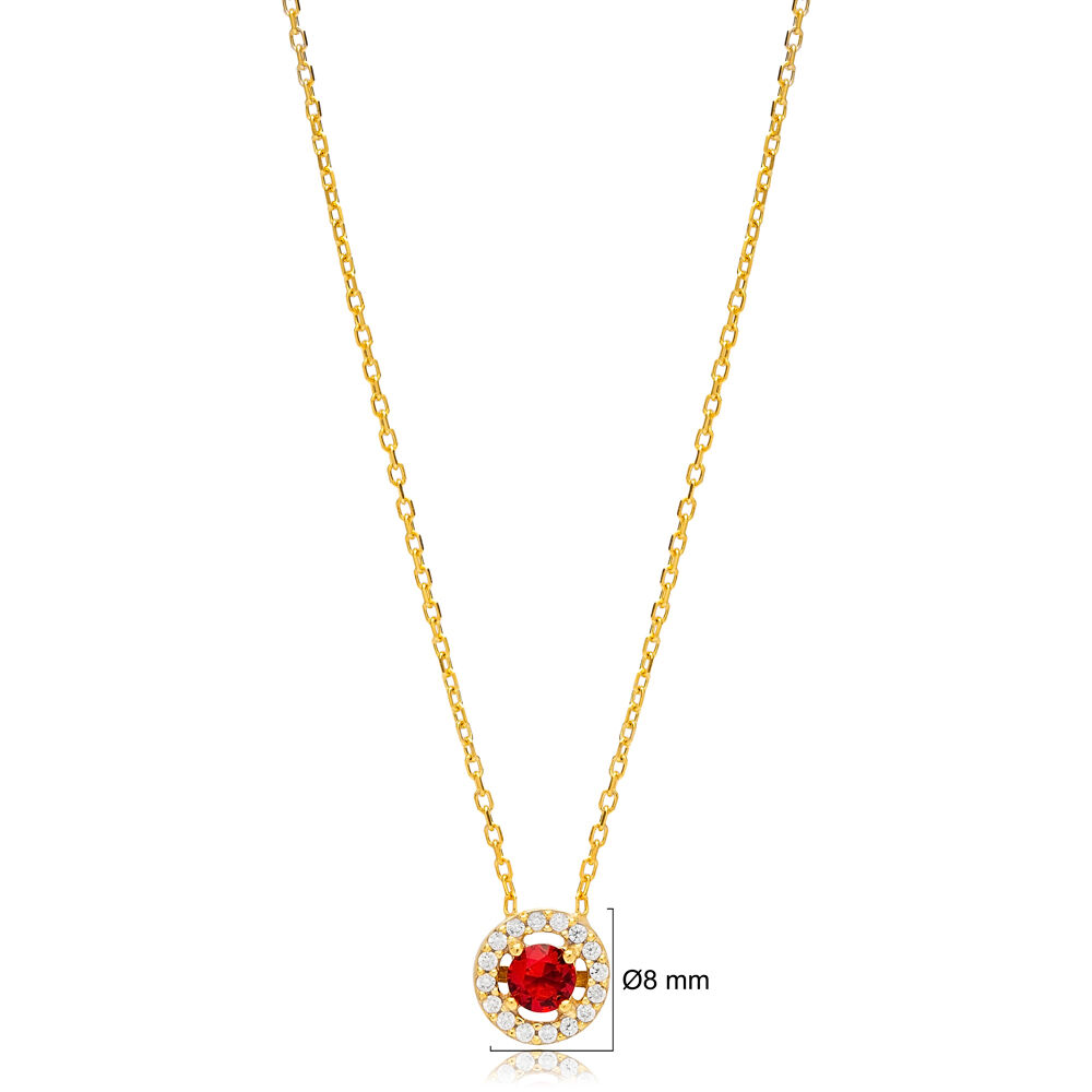 Round Design Minimalist Cubic Zircone Garnet Stone Charm Necklace Turkish Handcrafted Jewelry