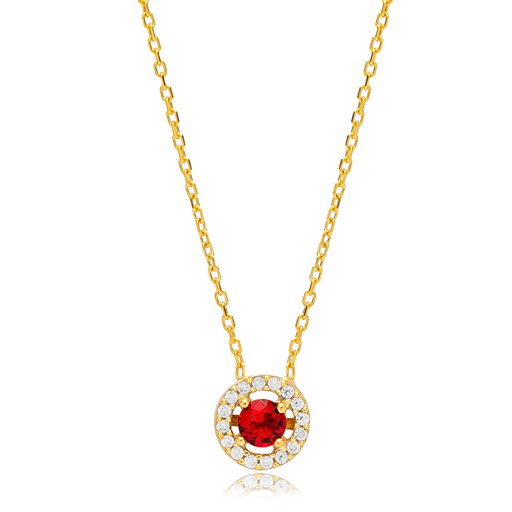 Round Design Minimalist Cubic Zircone Garnet Stone Charm Necklace Turkish Handcrafted Jewelry
