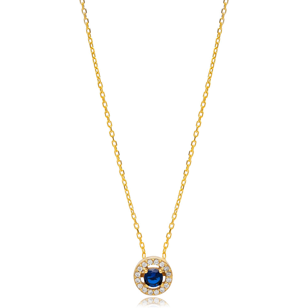 Sapphire CZ Charm Necklace Round Design Women Pendant Handcrafted 925 Sterling Silver Jewelry