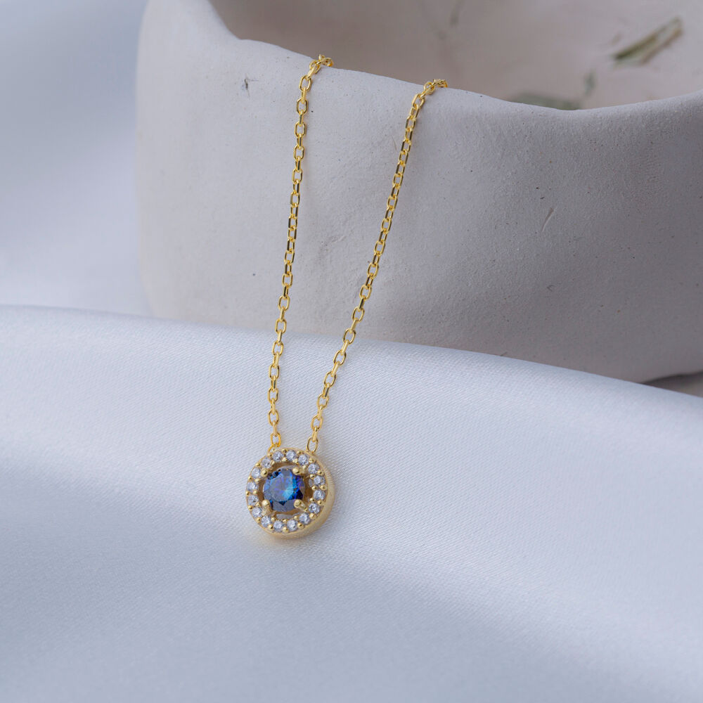 Round Design Blue Cubic Zircon Stone Charm Necklace Turkish 925 Sterling Silver Jewelry