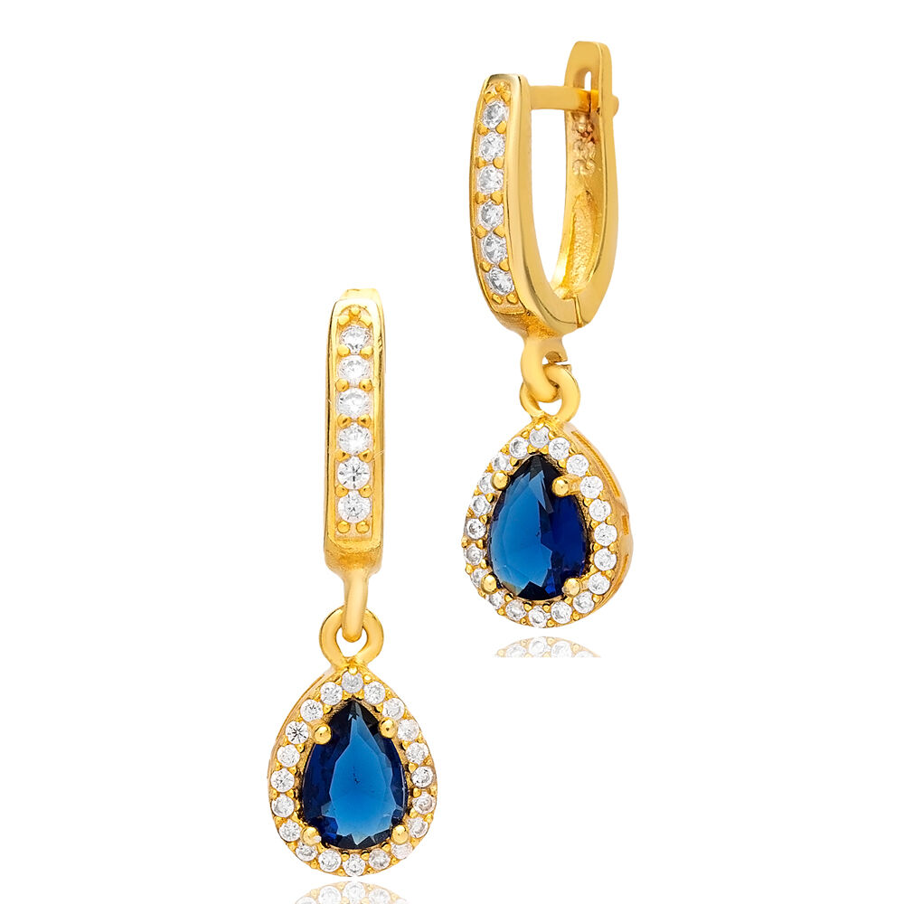 Sapphire Stone Pear Shape Cubic Zircon Dangle Earring Turkish Wholesale Women Jewelry