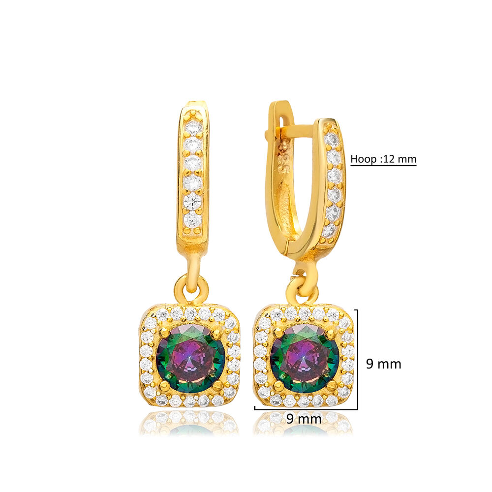 Square Design Mystic Topaz CZ Stone Dangle Earring Wholesale Turkish Handmade 925 Sterling Silver Jewelry