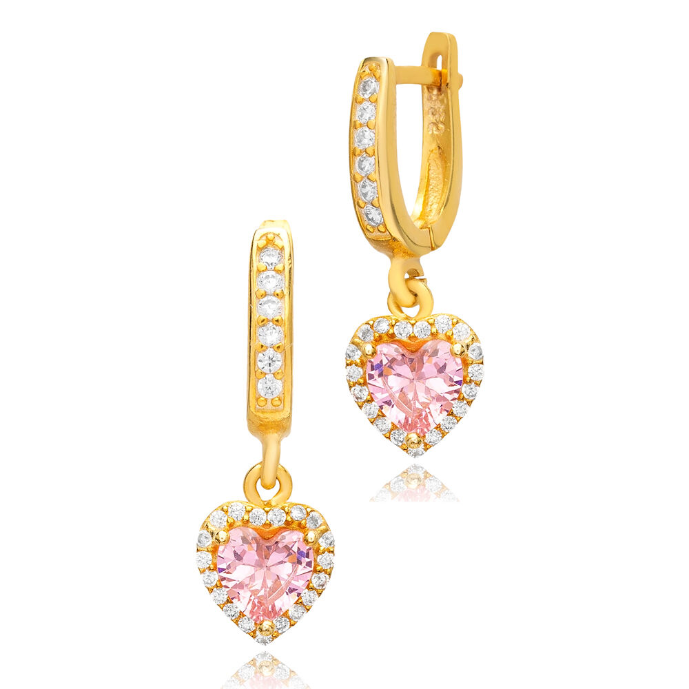 Pink Quartz CZ Heart Design Turkish Handcrafted Women Dangle Earring 925 Silver Sterling Jewelry