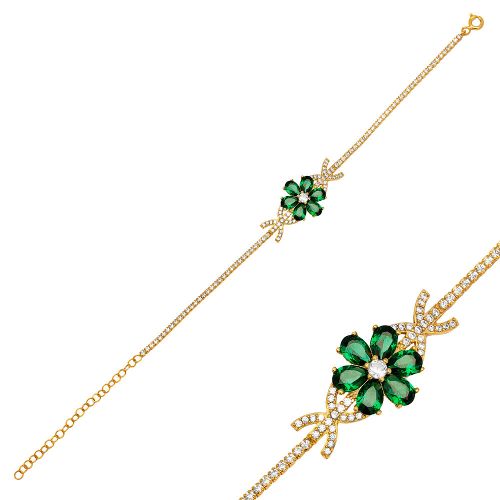 Emerald Cubic Zircon Stone Flower Design Turkish Wholesale Women Charm Bracelet Handmade 925 Sterling Silver Jewelry