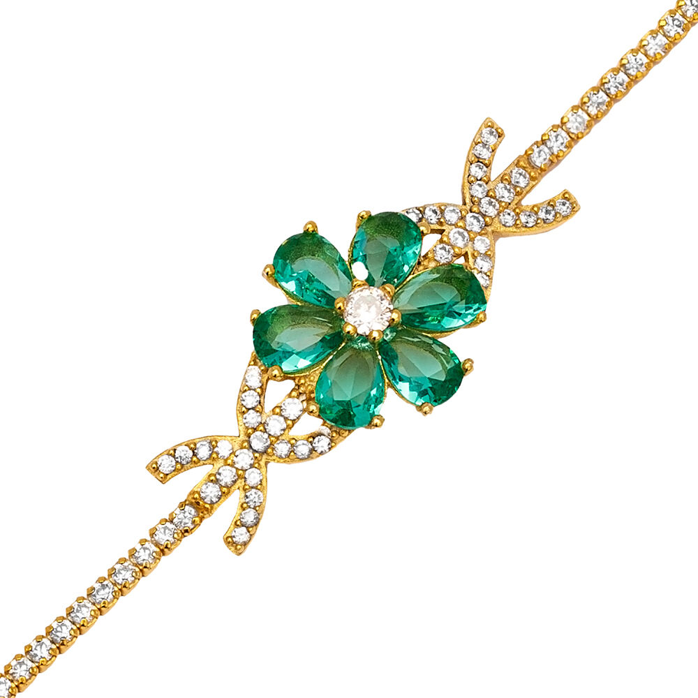 Flower Design Paraiba Cubic Zirconia Stone Charm Bracelet Turkish Wholesale Handmade 925 Sterling Silver Jewelry