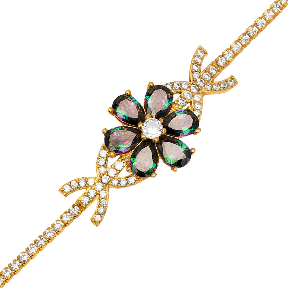 Flower Design Charm Bracelet Mystic Topaz CZ Stone Wholesale Handcrafted Turkish 925 Silver Jewelry