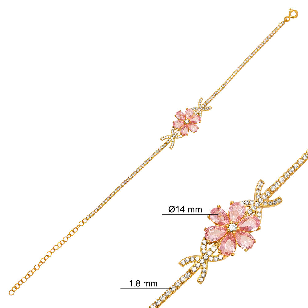Dainty Pear Flower Design Pink Quartz Cubic Zircon Stone 925 Turkish Silver Charm Bracelet Jewelry