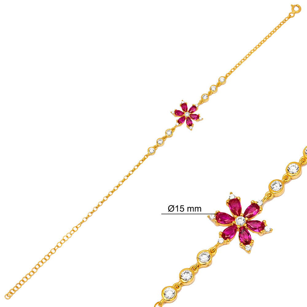 Minimal Pear Ruby Flower Design Round Cubic Zircon Stone Trednd Charm Bracelet 925 Sterling Silver