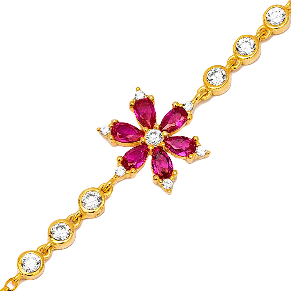 Minimal Pear Ruby Flower Design Round Cubic Zircon Stone Trednd Charm Bracelet 925 Sterling Silver