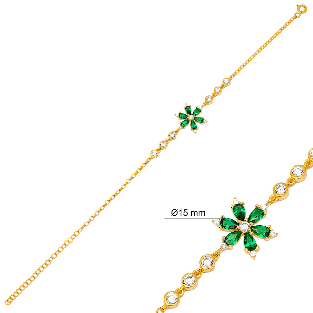 Pear Shape Emerald Cubic Zircon Flower Design Charm Bracelet Wholesale 925 Sterling Silver Jewelry