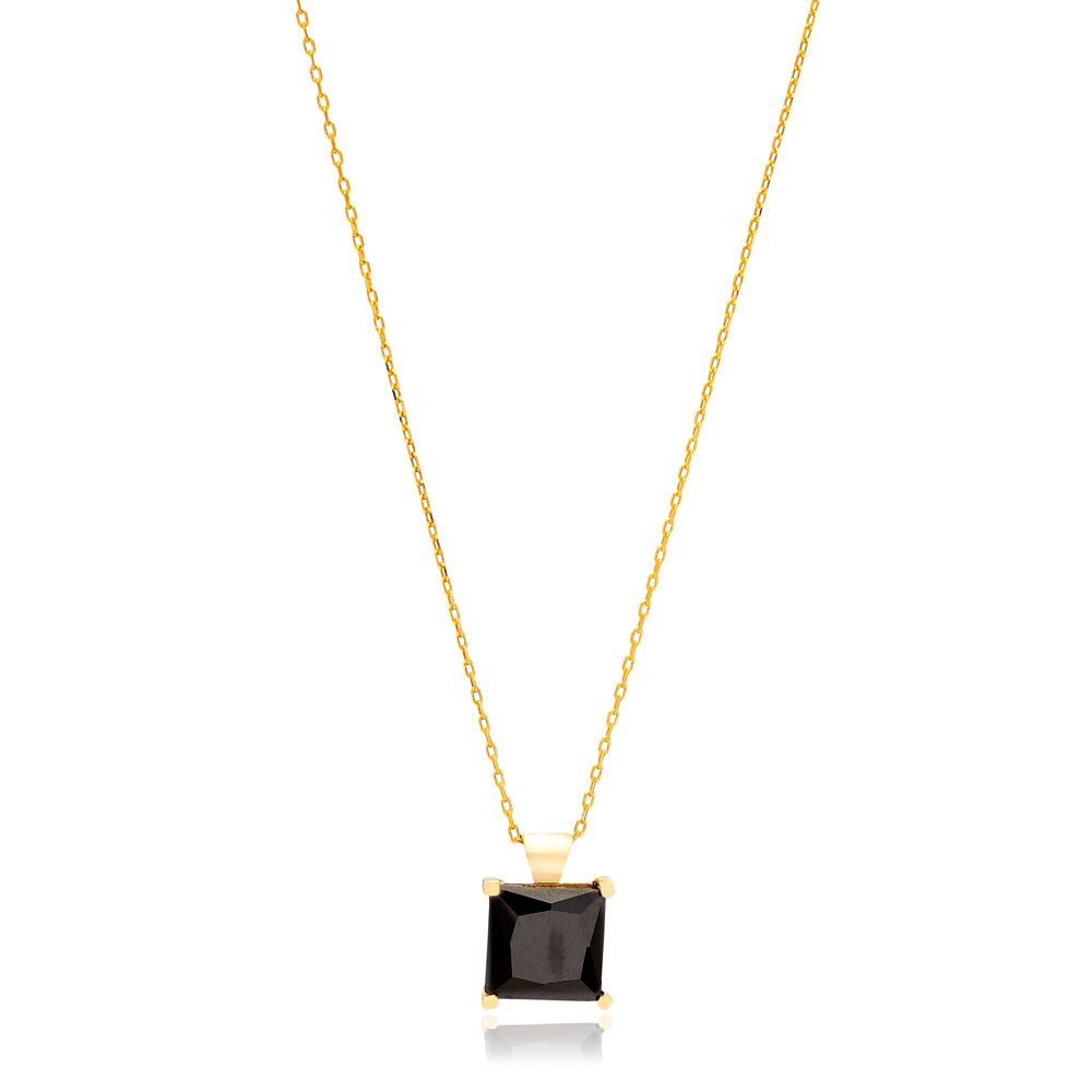 Black Cubic Zircon Square Shape Charm Necklace Turkish Handcraft Wholesale 925 Silver Jewelry
