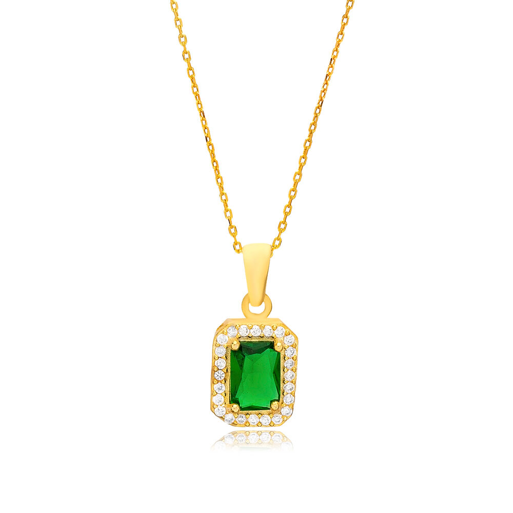 Minimal Design Emerald Cubic Zircon Stone Handcraft Charm Necklace 925 Sterling Silver Jewelry