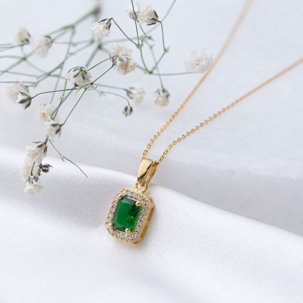 Minimal Design Emerald Cubic Zircon Stone Handcraft Charm Necklace 925 Sterling Silver Jewelry