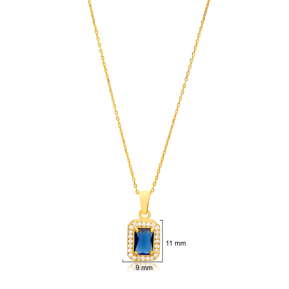 Sapphire Cubic Zircon Stone Rectange Shape Handcraft Charm Necklace 925 Sterling Silver Jewelry