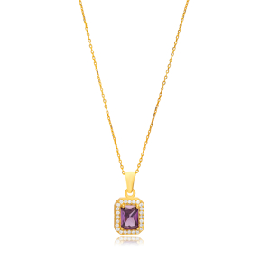 Amethyst Cubic Zircon Stone Handcraft Charm Necklace Women Pandent 925 Sterling Silver Jewelry