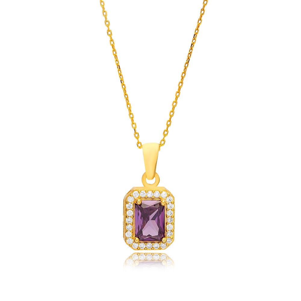 Amethyst Cubic Zircon Stone Handcraft Charm Necklace Women Pandent 925 Sterling Silver Jewelry