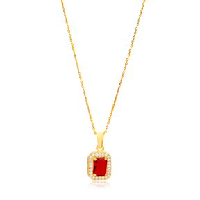 Ruby Cubic Zircon Stone Rectangle Design Handcraft Charm Necklace 925 Sterling Silver Jewelry
