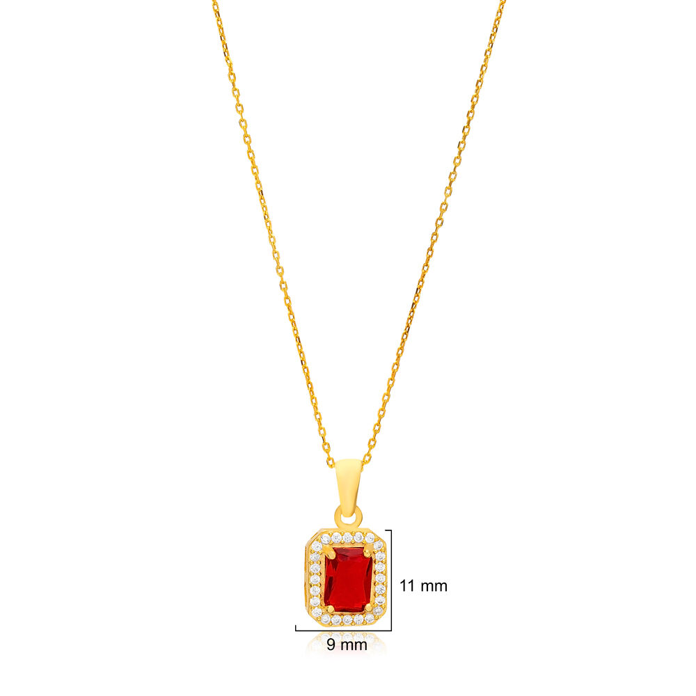 Ruby Cubic Zircon Stone Rectangle Design Handcraft Charm Necklace 925 Sterling Silver Jewelry