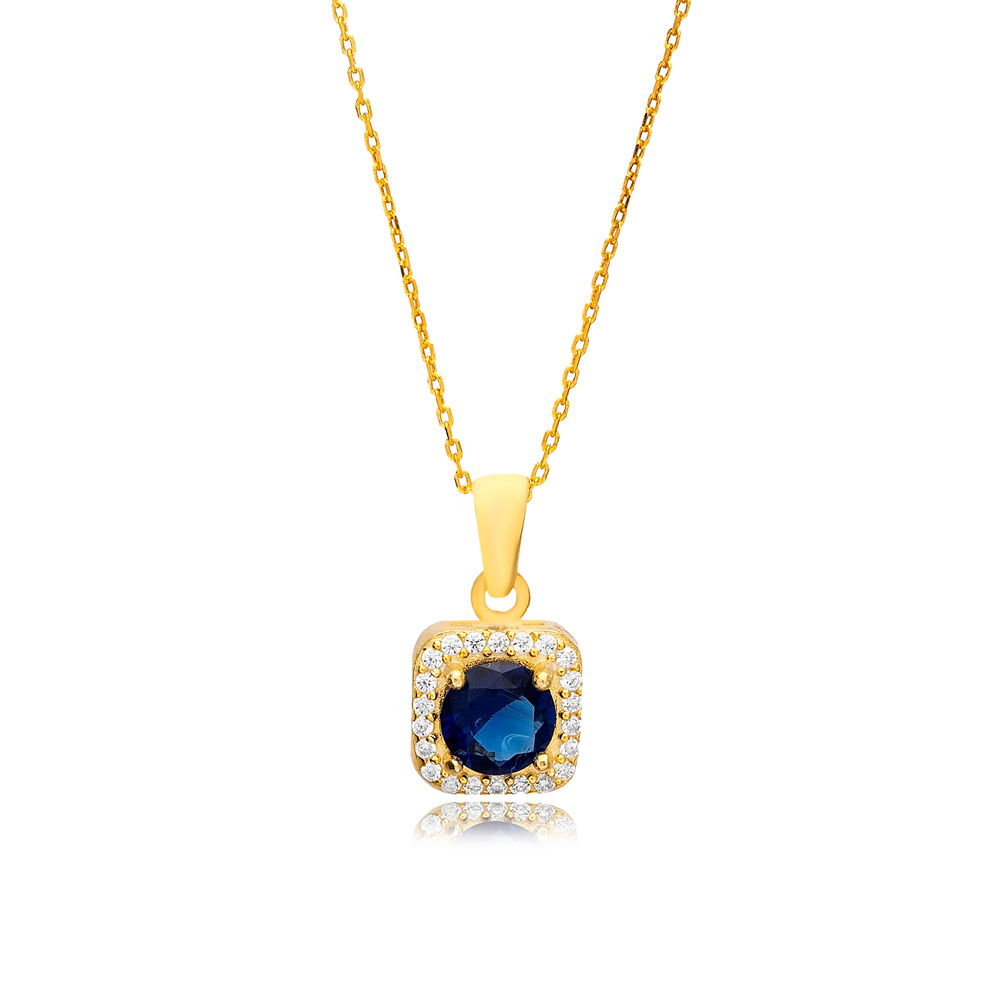 Round Shape Sapphire CZ Stone Trend Charm Necklace Wholesale Turkish 925 Sterling Silver Jewelry