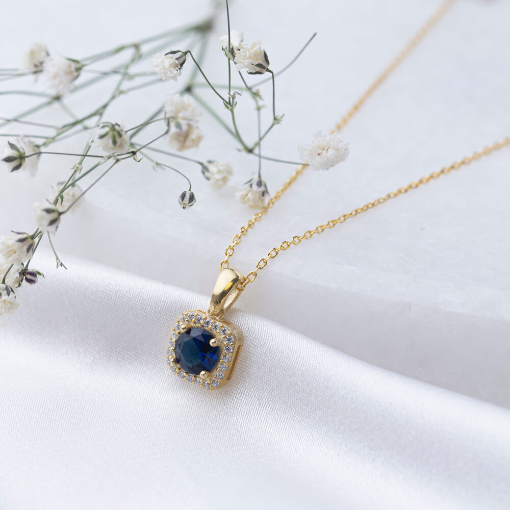 Round Shape Sapphire CZ Stone Trend Charm Necklace Wholesale Turkish 925 Sterling Silver Jewelry