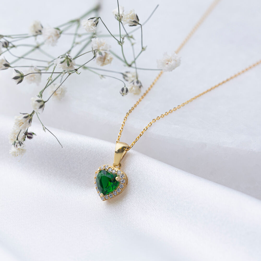 Heart Shape Emerald Cubic Zircon Stone Charm Necklace Turkish Wholesale 925 Sterling Silver Jewelry