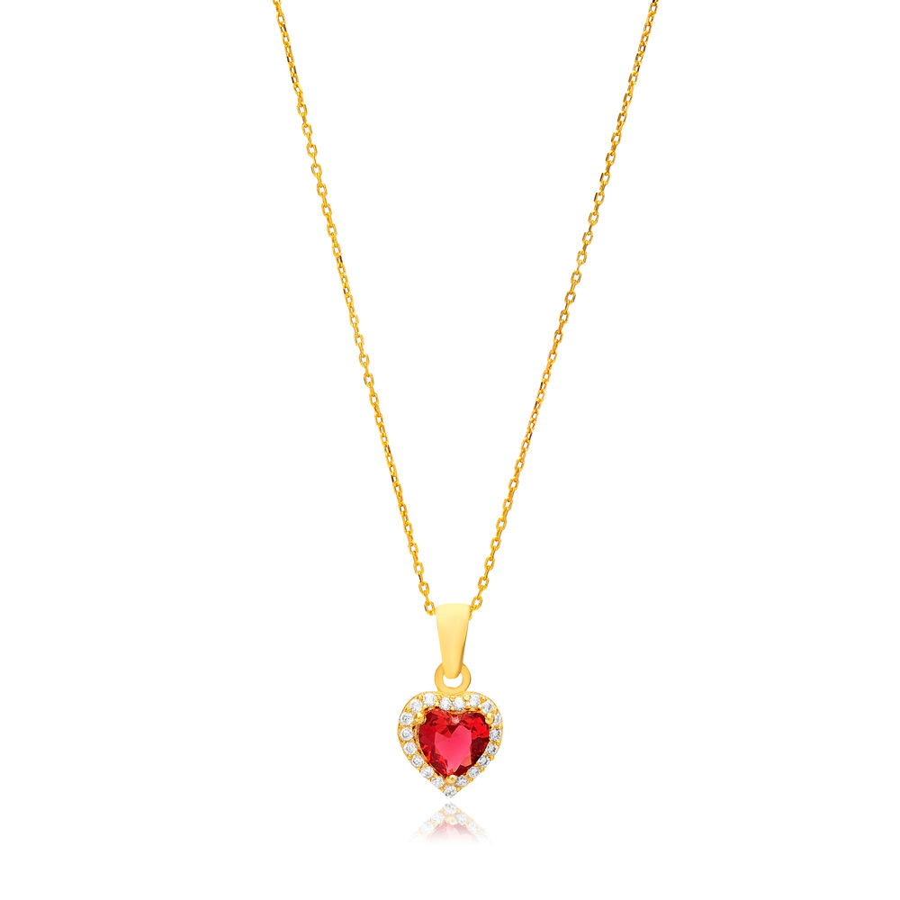 Heart Shape Garnet Cubic Zircon Stone Handcrafted Minimal Charm Necklace 925 Sterling Silver Jewelry
