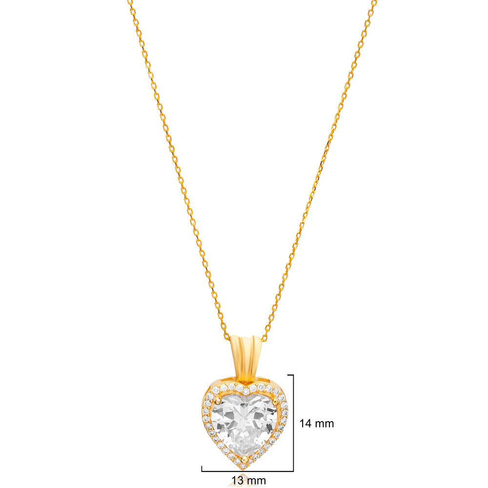 Clear Cubic Zircon Stone Minimal Design Heart Shape Charm Necklace Handcraft Turkish Silver Jewelry