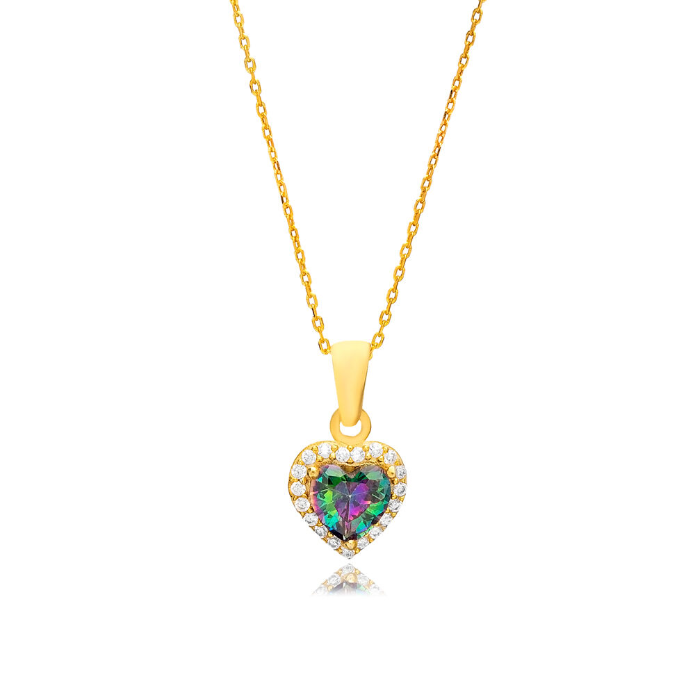 Mystic Topaz CZ Stone Heart Shape Women Charm Necklace Turkish Handcraft 925 Sterling Silver Jewelry