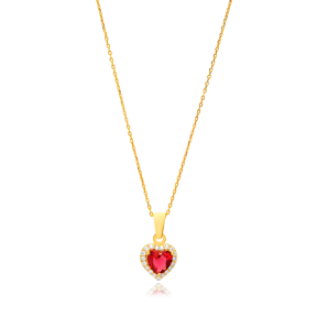 Heart Shape Garnet Cubic Zircon Stone Handcrafted Minimal Charm Necklace 925 Sterling Silver Jewelry