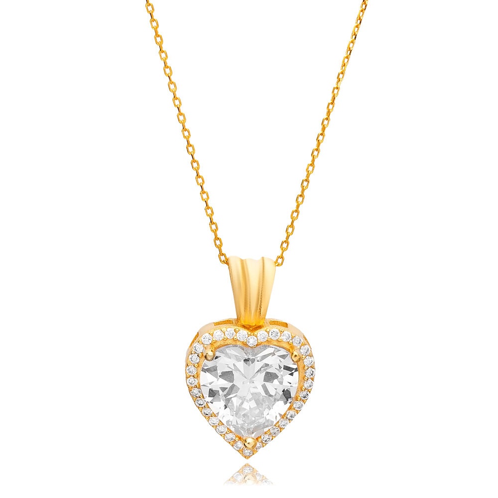 Clear Cubic Zircon Stone Minimal Design Heart Shape Charm Necklace Handcraft Turkish Silver Jewelry