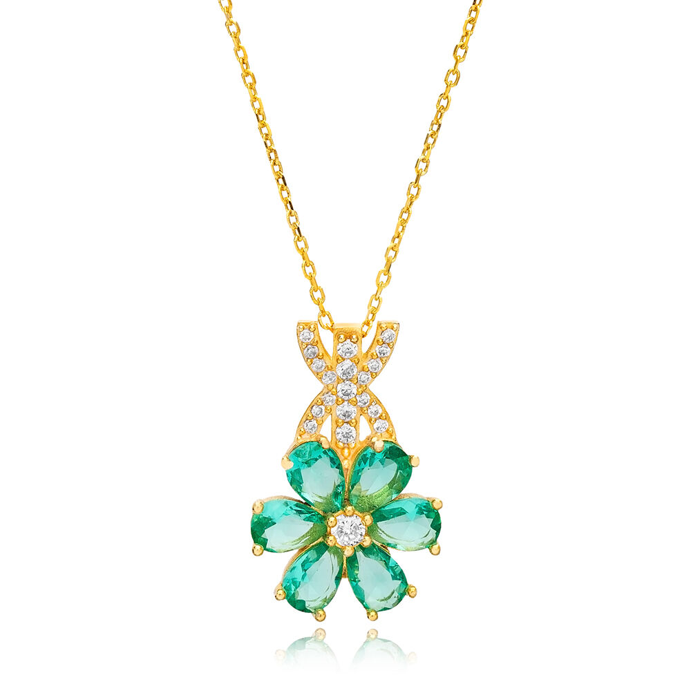 Flower Design Pear Shape Paraiba CZ Stone Charm Necklace Handcraft Turkish 925 Silver Jewelry