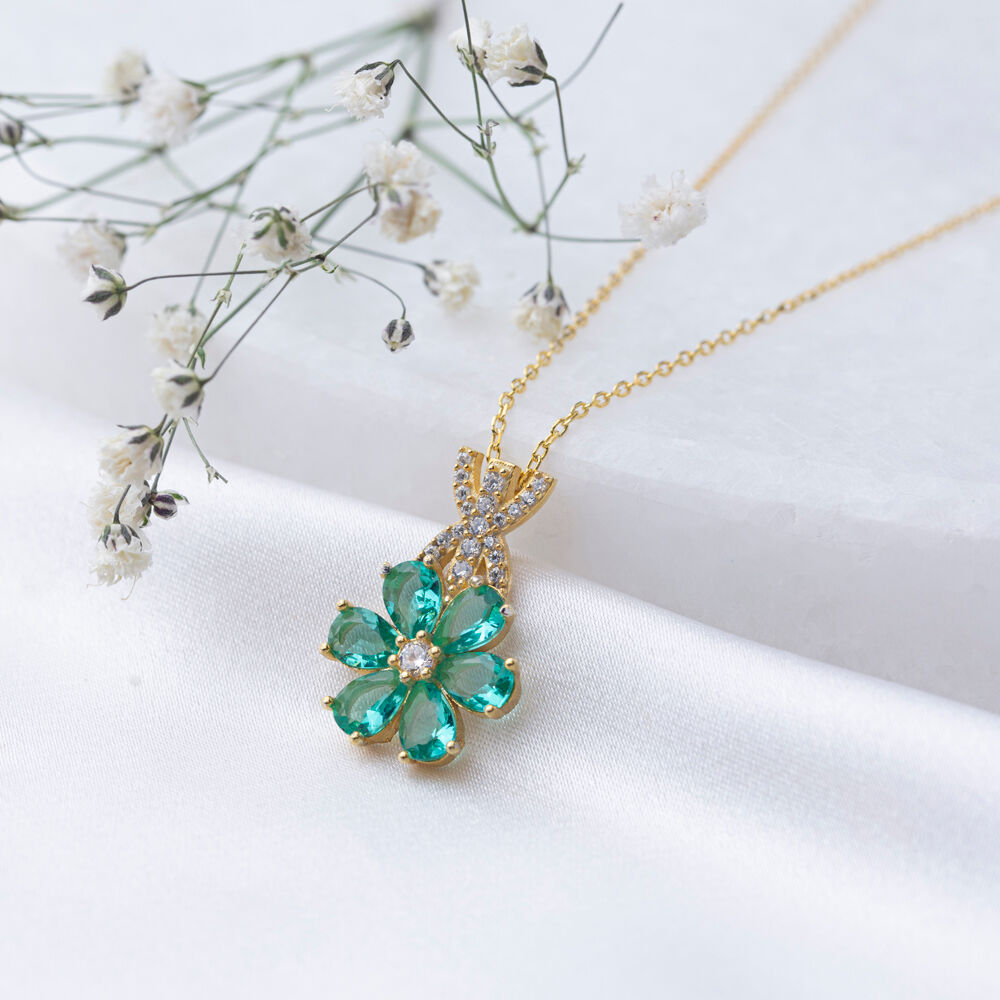 Flower Design Pear Shape Paraiba CZ Stone Charm Necklace Handcraft Turkish 925 Silver Jewelry