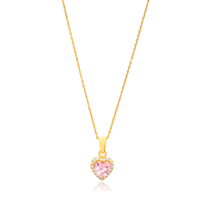 Pink Quartz Heart Shape Cubic Zircon Stone Elegant Charm Necklace 925 Sterling Silver Jewelry