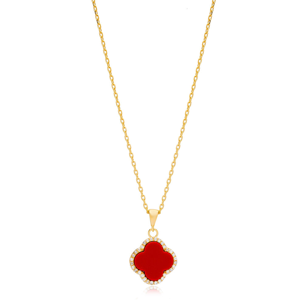 Clover Design Red Shell Zircon Stone Charm Necklace 925 Sterling Silver Jewelry