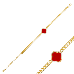 Red Four Leaf Clover Design Charm Bracelet 925 Sterling Silver Jewelry
