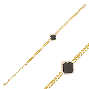 Black Four Leaf Clover Design Charm Bracelet 925 Sterling Silver Jewelry