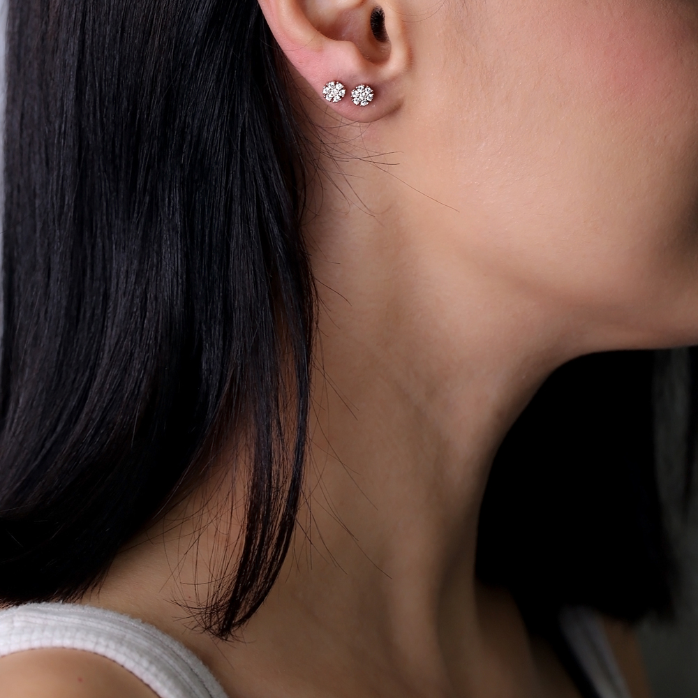 Zircon Stone Minimalist Flower Design Stud Earrings Turkish Wholesale 925 Sterling Silver Jewelry