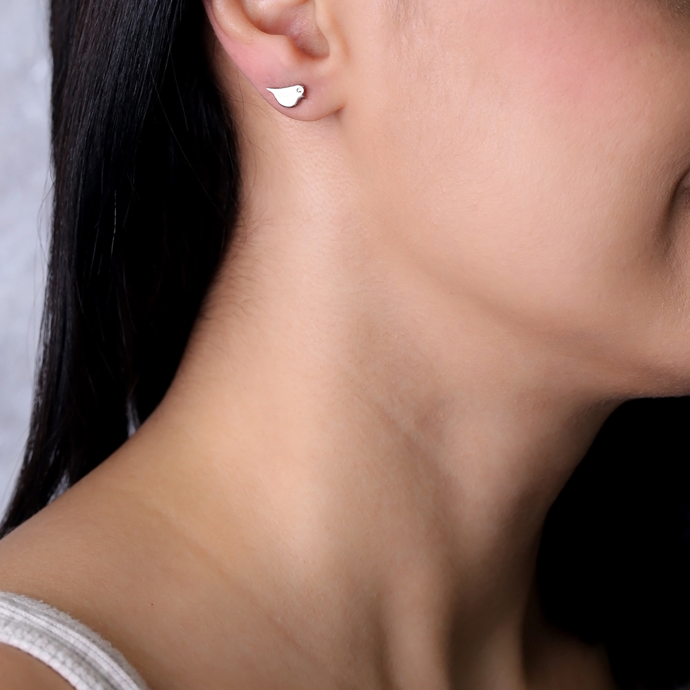 Plain Bird Design witn Tiny Zircon Stud Earrings Handcrafted 925 Sterling Silver Jewelry