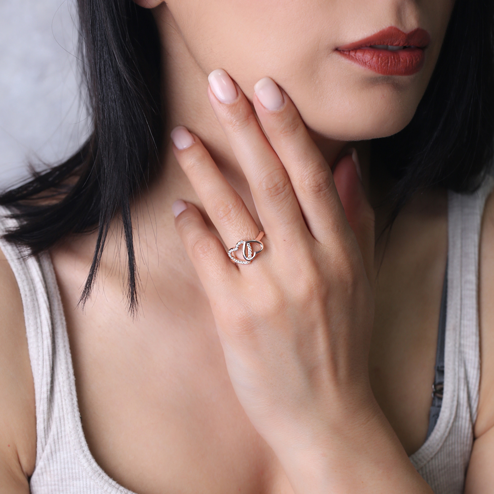 Intertwined Heart Zircon and Plain Adjustable Ring Turkish Women 925 Sterling Silver Jewelry