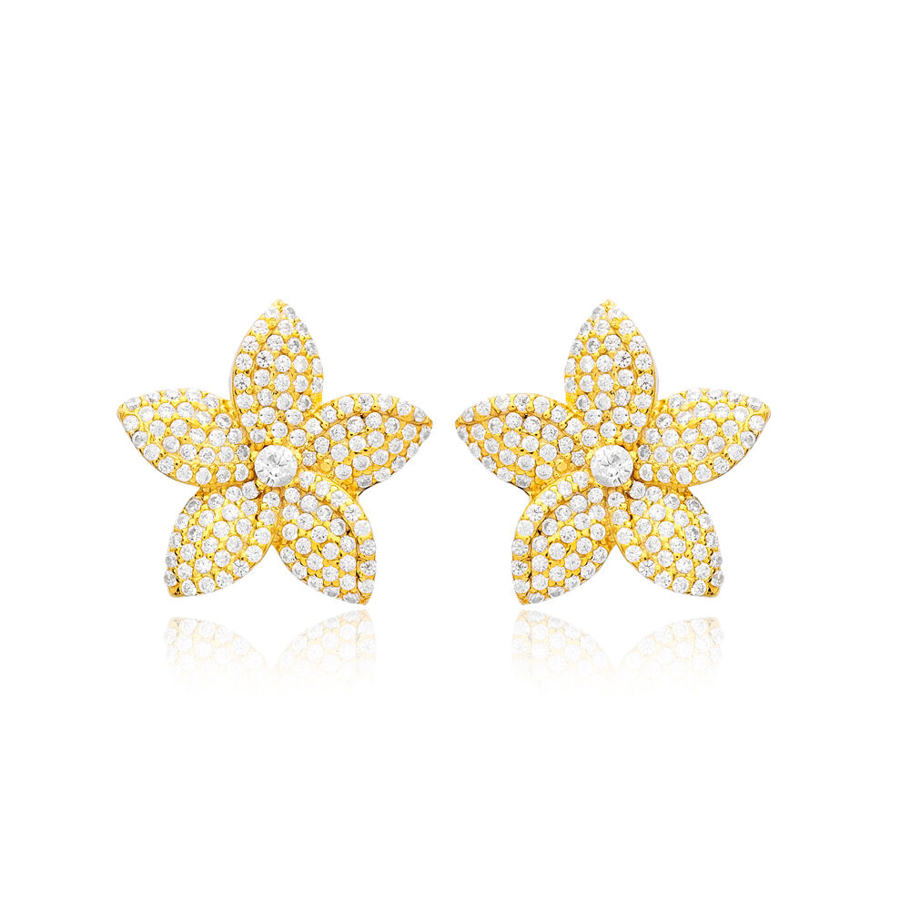 Elegant Flower Design Stud Earrings Shiny CZ Stone Trendy Wholesale Turkish 925 Sterling Silver Jewelry
