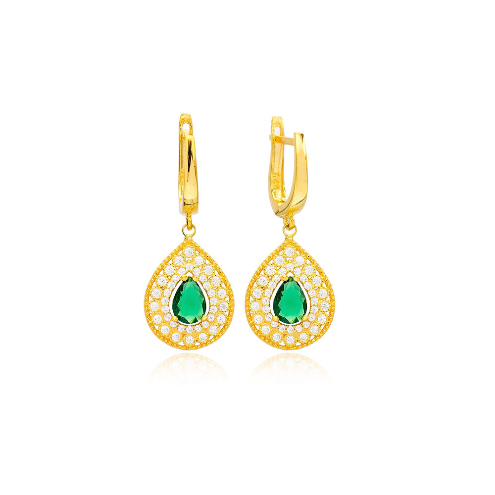 Pear Shape Dangle Earrings Emerald CZ Stone Handcrafted Wholesale Turkish 925 Sterling Silver Jewelry
