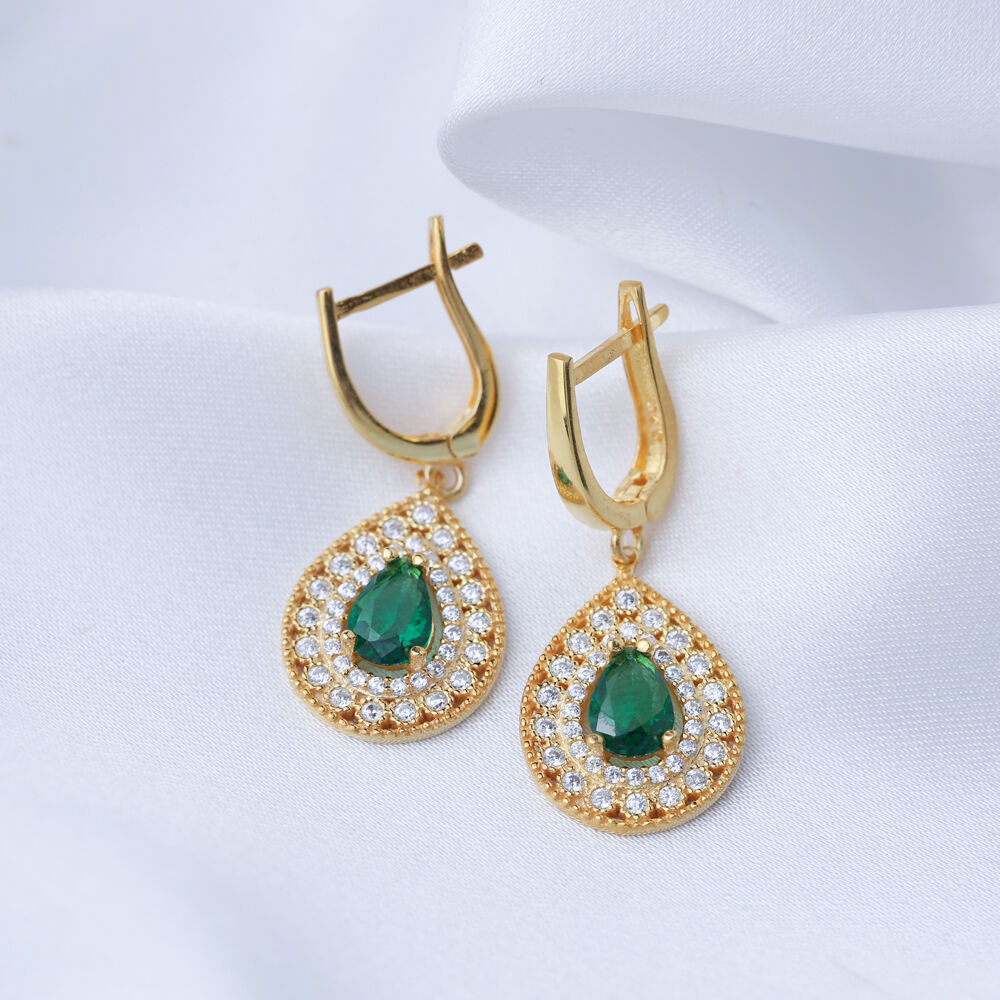 Pear Shape Dangle Earrings Emerald CZ Stone Handcrafted Wholesale Turkish 925 Sterling Silver Jewelry