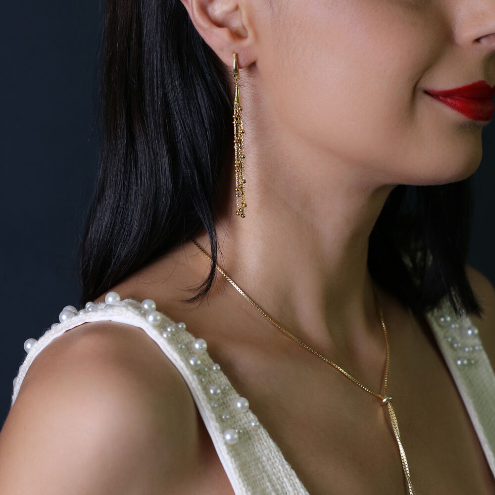Stylish Single Long Dangle Earrings Ball Chain Wholesale Turkish 925 Sterling Silver Jewelry