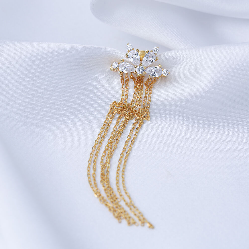 Flower Design Single Stud Earrings CZ Stone Handmade Turkish 925 Sterling Silver Jewelry